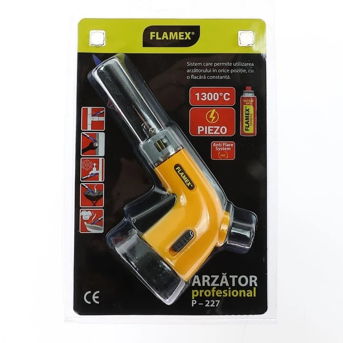 Arzator gaz Flamex P-227 pentru butelie spray gaz, cu sistem Anti-flare, aprindere piezo