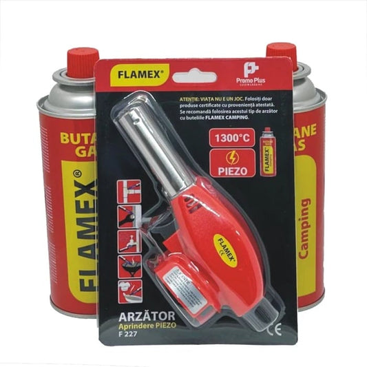 Set Cap Arzator Flamex F 227, cu piezo + 2 butelii spray gaz Flamex 227 gr