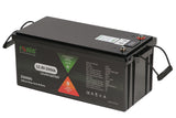 LiFePO4 12.8V 200Ah battery with Bluetooth and LTC-P features, shown in image with terminals and digital display.
