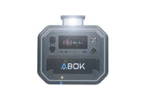 Portable 2500W LiFePO4 power station ABOK ARK2500 displaying digital screen with control panel and connection ports.