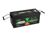 Fii Rulotist 12.8V 300Ah LiFePO4 battery with Bluetooth function and auto-heating, shown in a clean, technical setup.