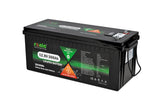 Fii Rulotist LiFePO4 12.8V 300Ah battery with Bluetooth and auto-heating, shown with terminals and battery casing.