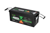 Fii Rulotist LiFePO4 12.8V 300Ah battery with Bluetooth, auto-heating, showing battery terminals and display interface.